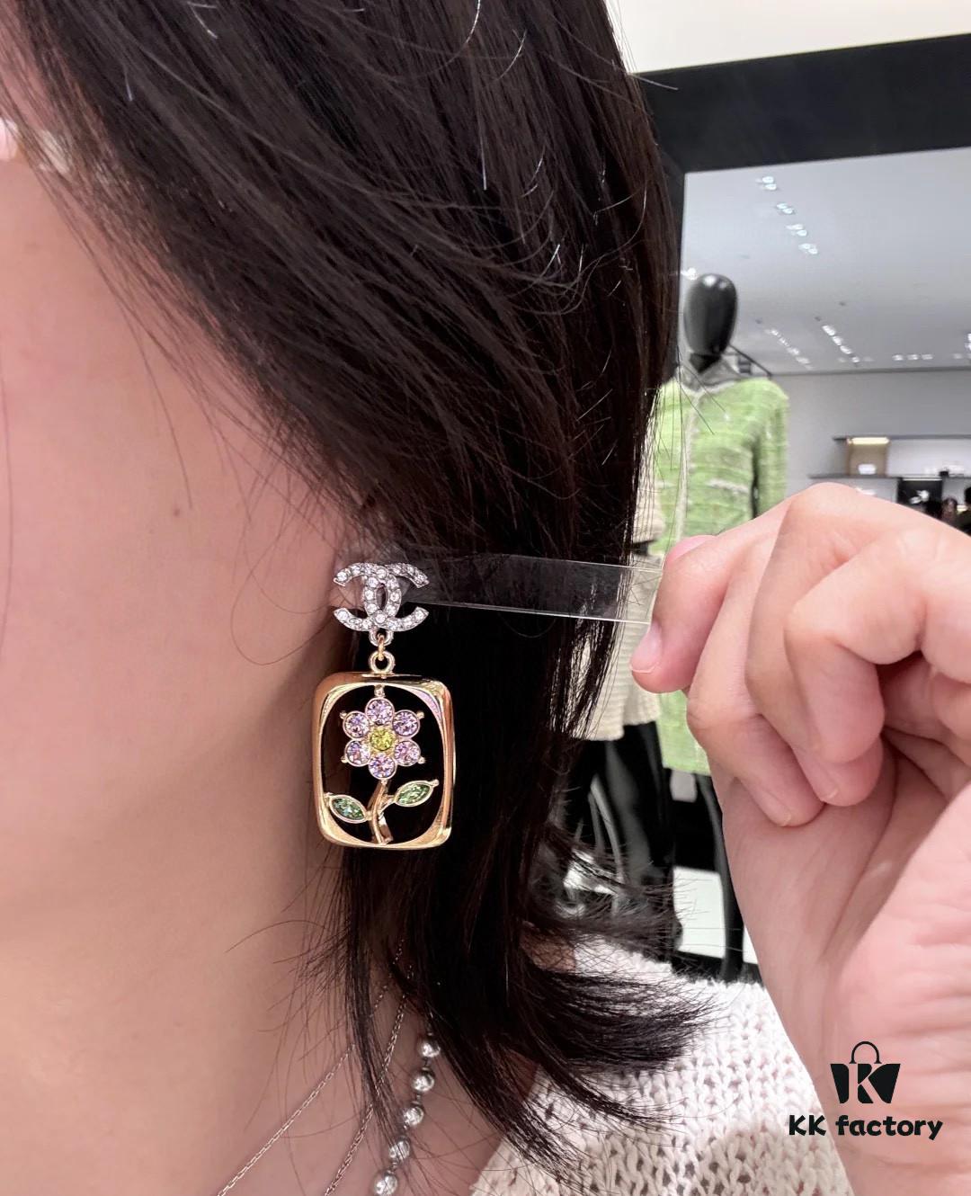692ffd7c99f2d84055c8e911 Xiaoxiang New Rectangular Picture Frame Surrounding Flower Colorful Rhinestone Hollow Pendant Earrings