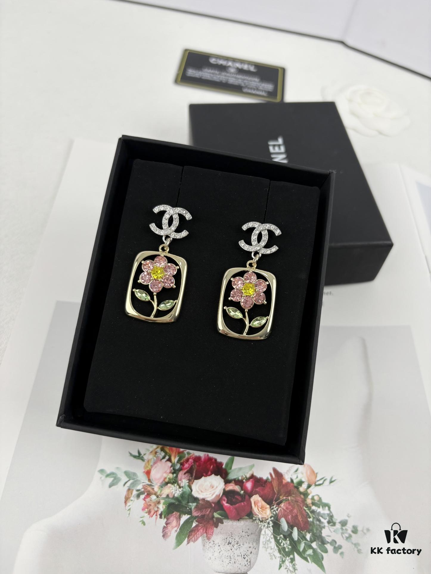692ffd7f99f2d84055c8e914 Xiaoxiang New Rectangular Picture Frame Surrounding Flower Colorful Rhinestone Hollow Pendant Earrings