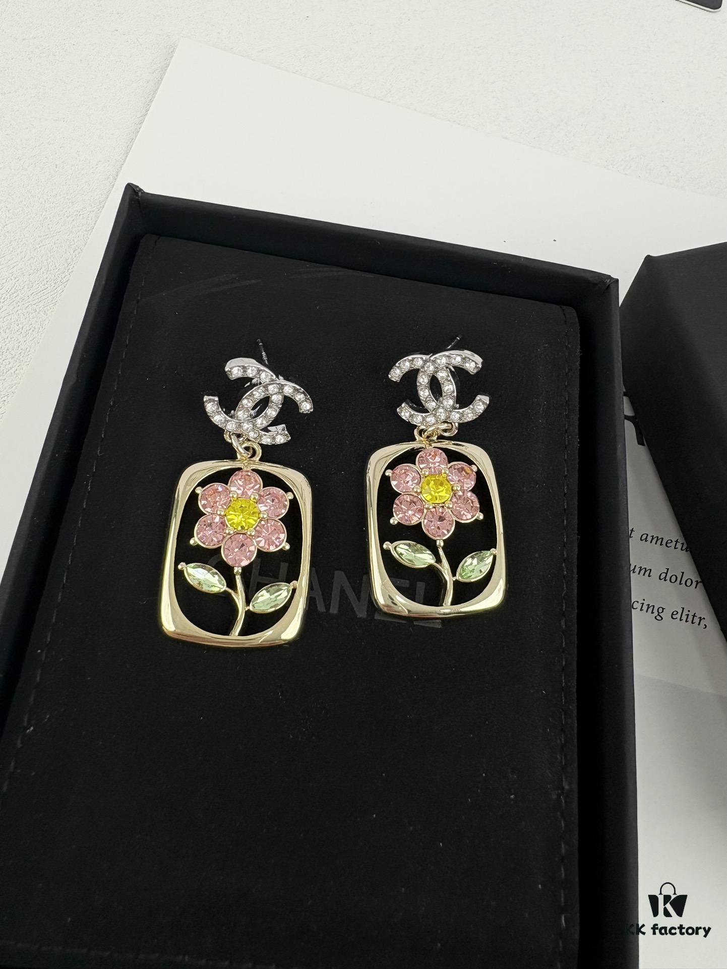 692ffd8299f2d84055c8e919 Xiaoxiang New Rectangular Picture Frame Surrounding Flower Colorful Rhinestone Hollow Pendant Earrings