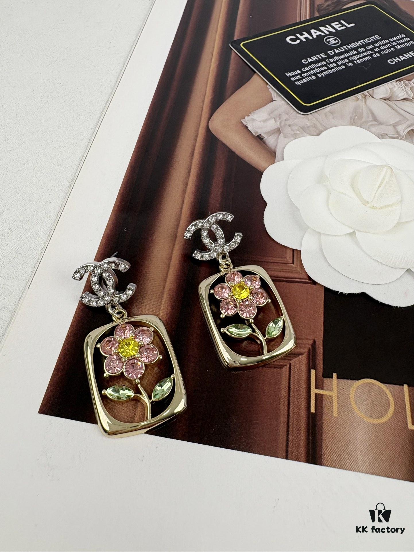 692ffd8899f2d84055c8e922 Xiaoxiang New Rectangular Picture Frame Surrounding Flower Colorful Rhinestone Hollow Pendant Earrings