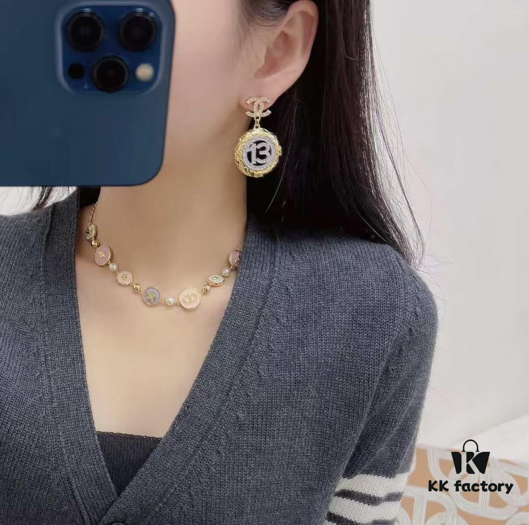 692ffd8999f2d84055c8e924 Xiaoxiang New Arrival Golden Diamond-Quilted Round Silver Number 13 Full Diamond Hollow Pendant Large Earrings