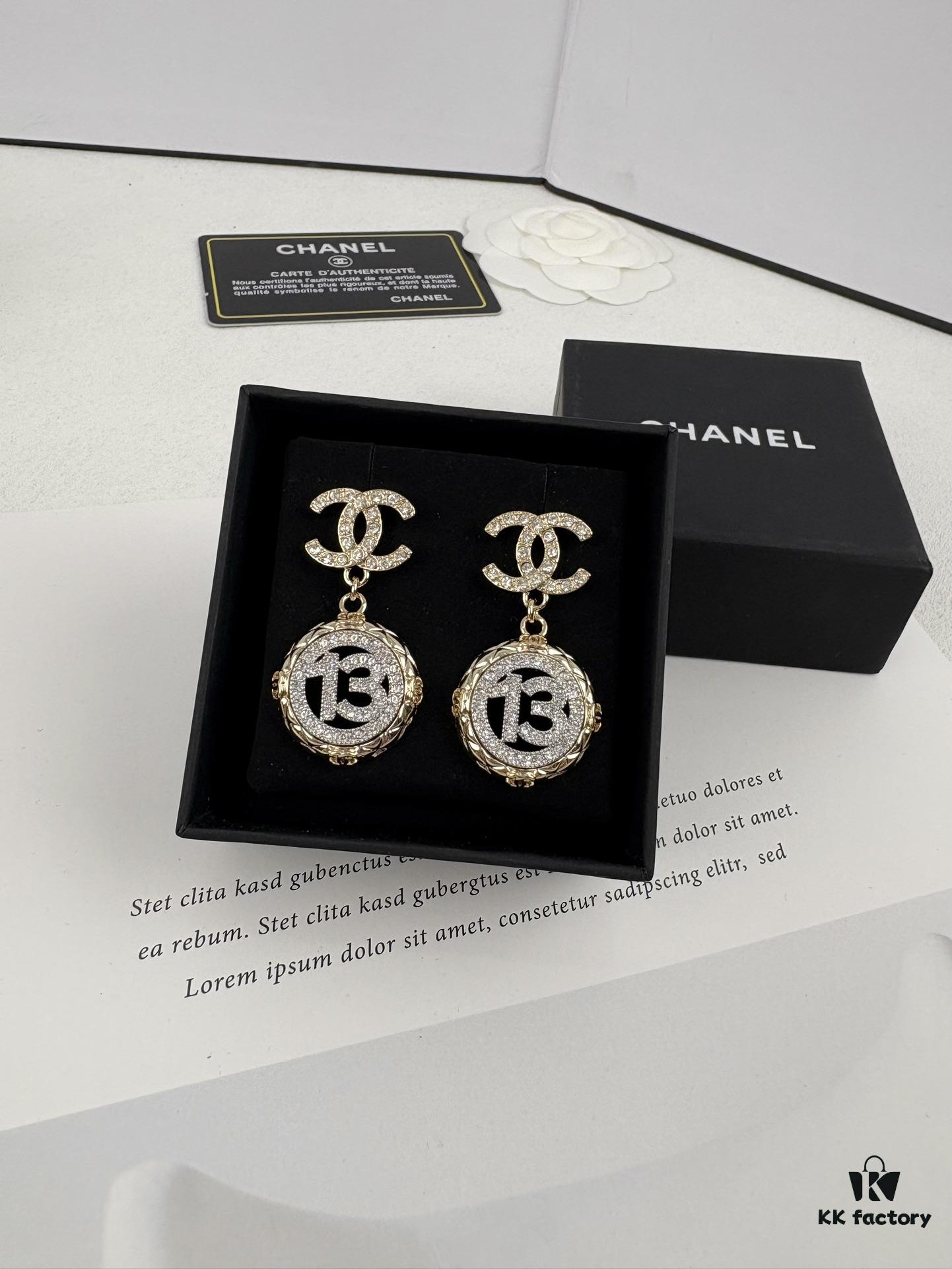 692ffd8b99f2d84055c8e926 Xiaoxiang New Arrival Golden Diamond-Quilted Round Silver Number 13 Full Diamond Hollow Pendant Large Earrings