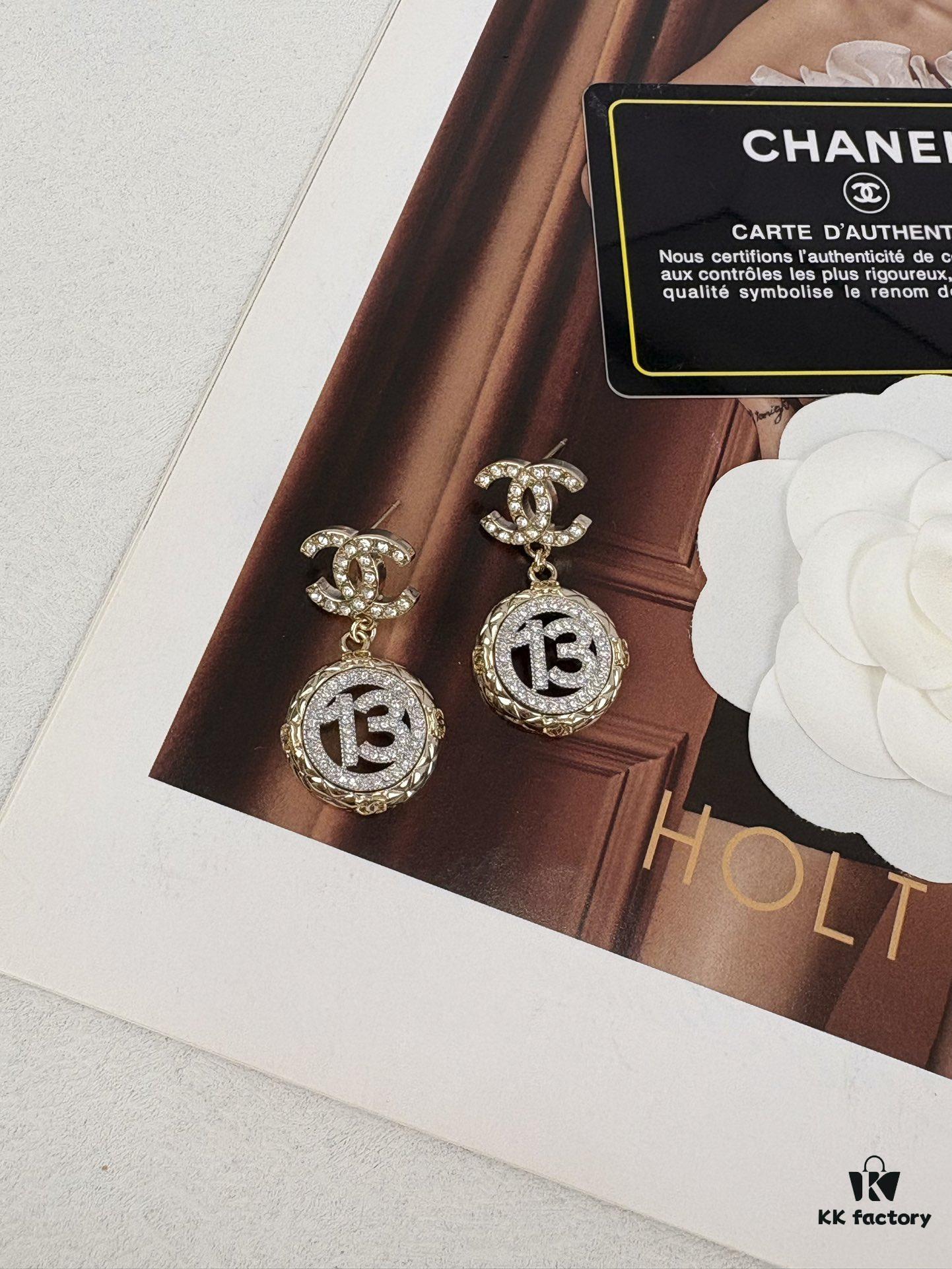 692ffd8d99f2d84055c8e928 Xiaoxiang New Arrival Golden Diamond-Quilted Round Silver Number 13 Full Diamond Hollow Pendant Large Earrings