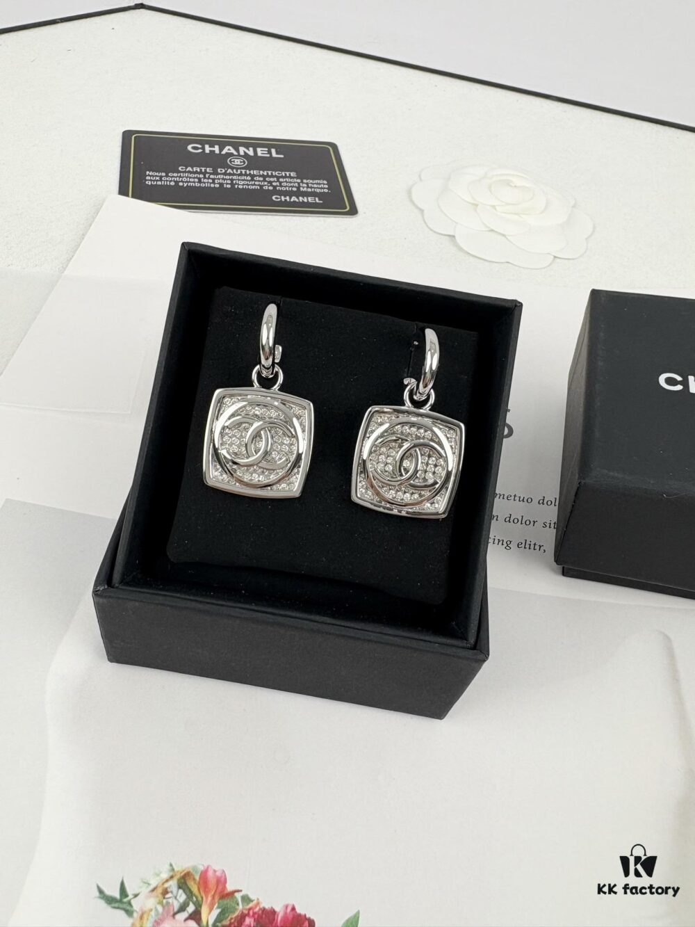 692ffd9099f2d84055c8e92b Chanel New Arrival Silver Square Diamond-Inlaid Pendant Hook Earrings