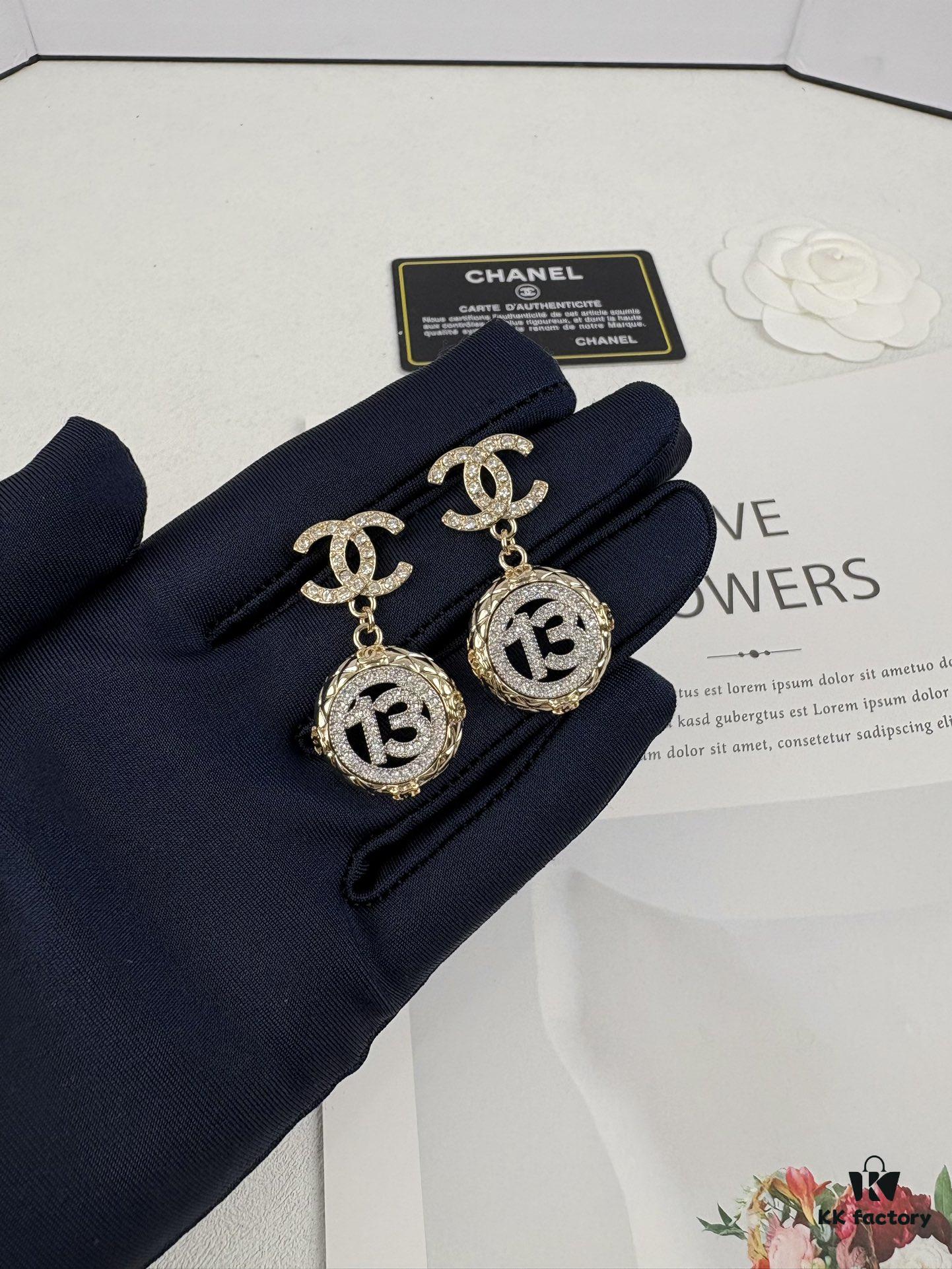 692ffd9099f2d84055c8e92c Xiaoxiang New Arrival Golden Diamond-Quilted Round Silver Number 13 Full Diamond Hollow Pendant Large Earrings