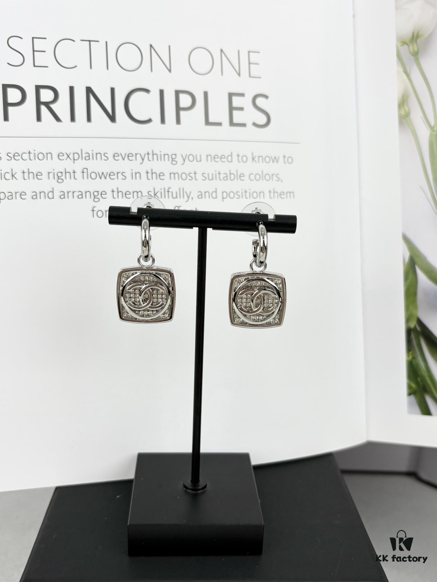 692ffd9199f2d84055c8e92d Chanel New Arrival Silver Square Diamond-Inlaid Pendant Hook Earrings
