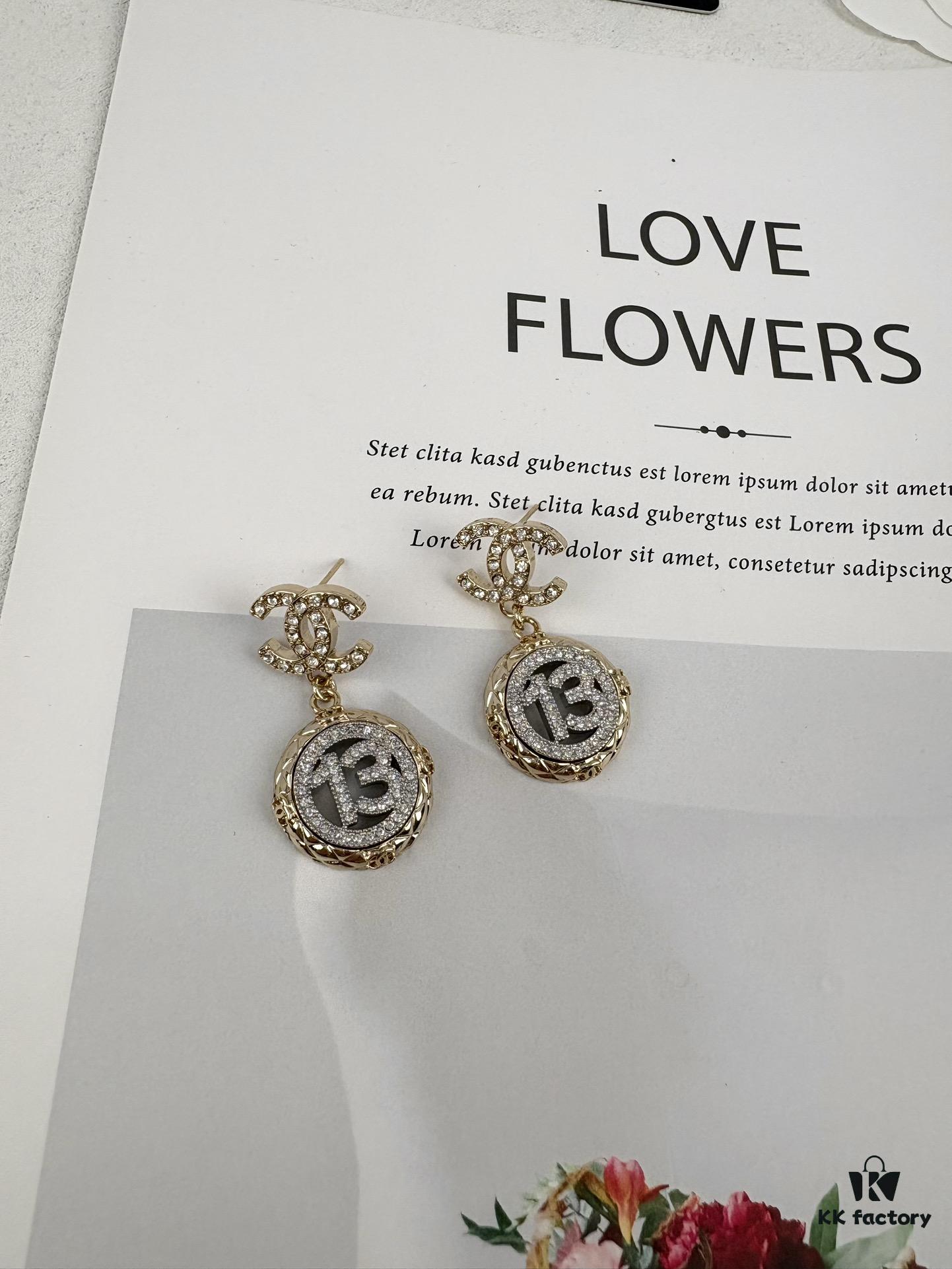 692ffd9699f2d84055c8e92f Xiaoxiang New Arrival Golden Diamond-Quilted Round Silver Number 13 Full Diamond Hollow Pendant Large Earrings