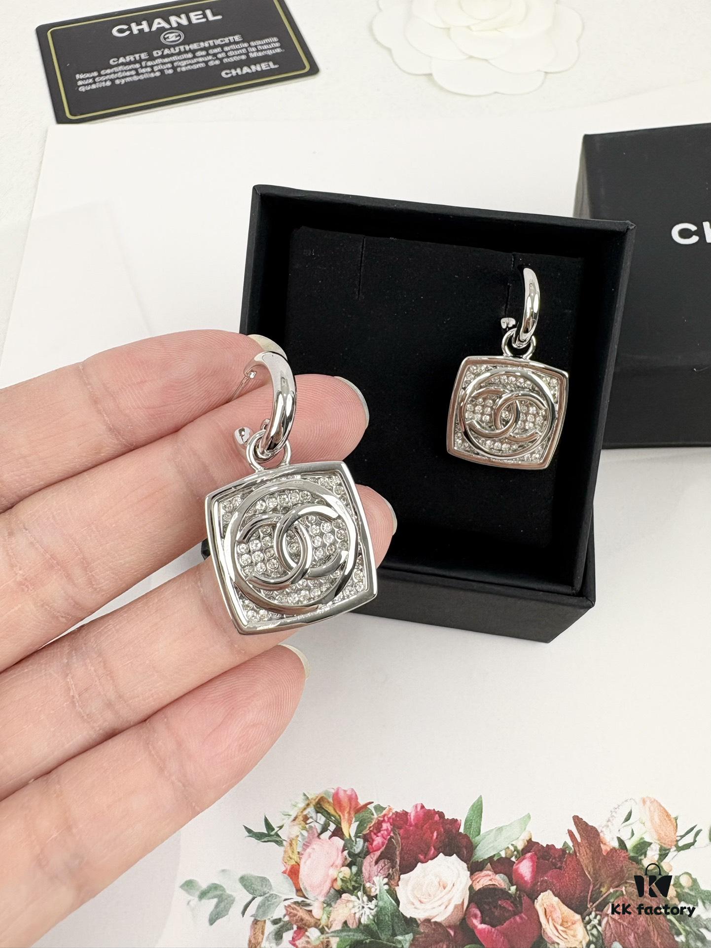 692ffda999f2d84055c8e946 Chanel New Arrival Silver Square Diamond-Inlaid Pendant Hook Earrings