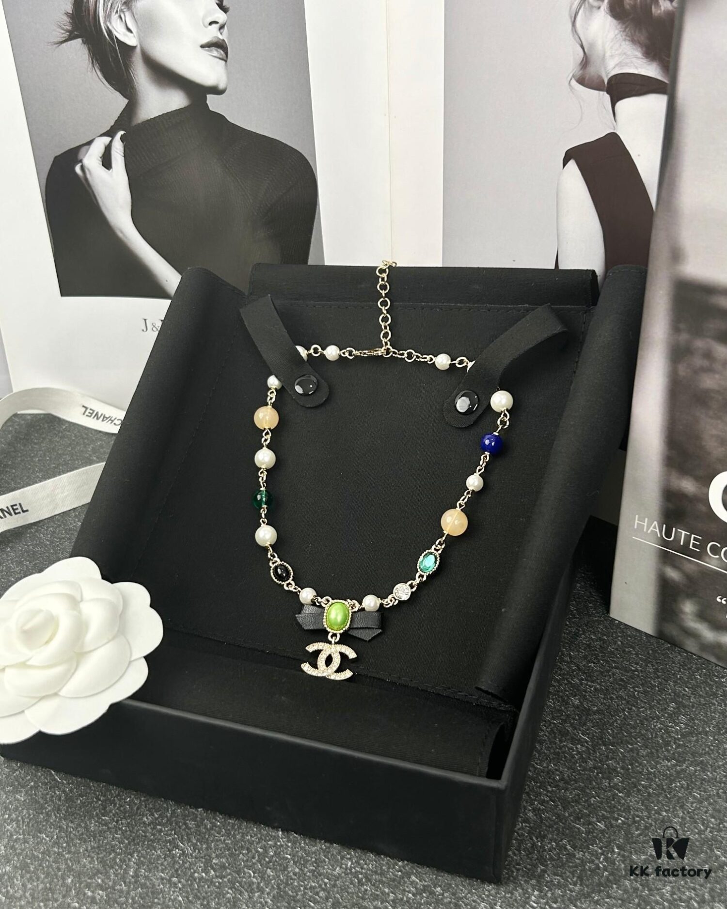 692ffdd599f2d84055c8e97c Xiaoxiang New Arrival Black Ribbon Bow with Green Pearl Pendant, Colorful Paved Diamond Necklace