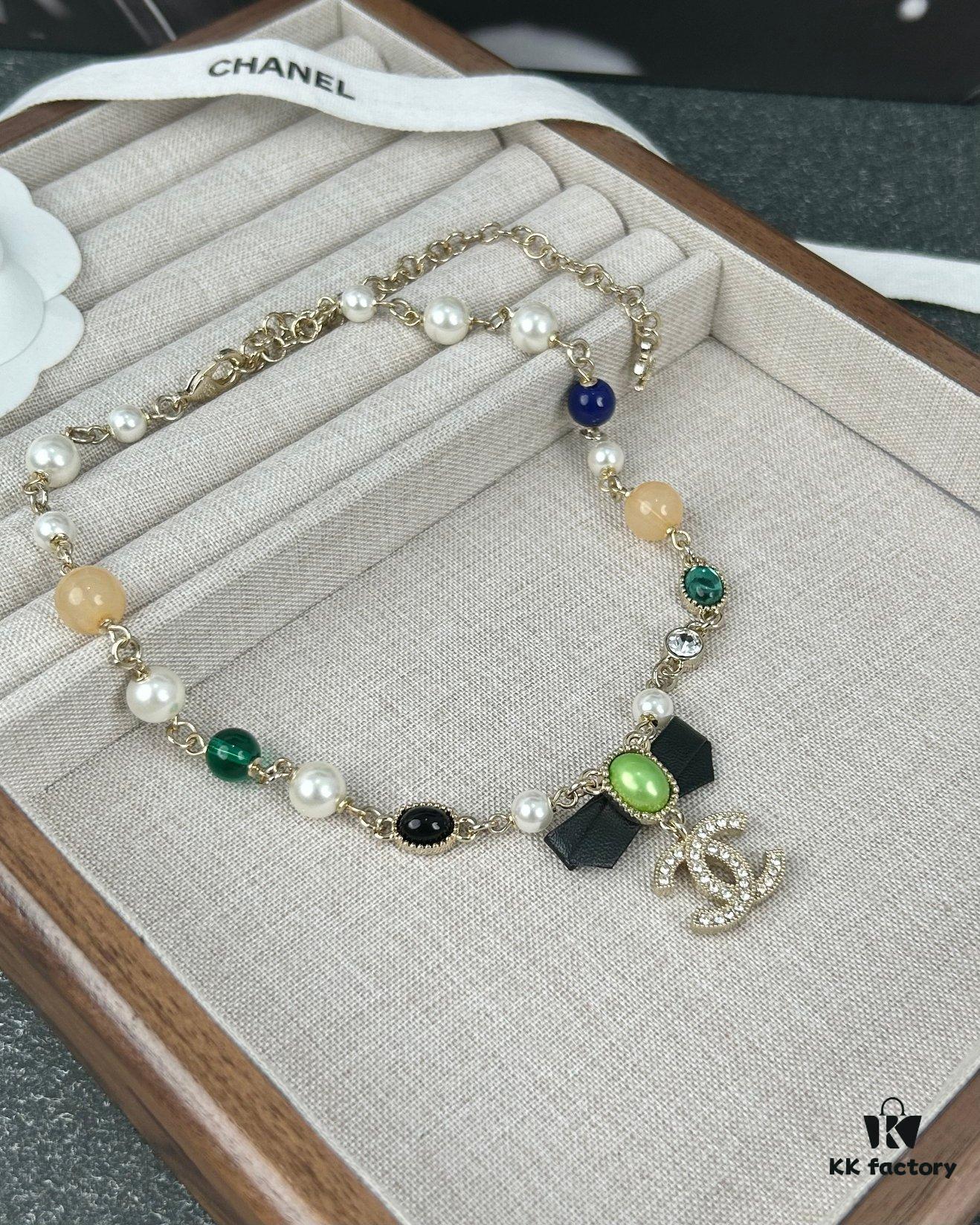 692ffdd699f2d84055c8e97e Xiaoxiang New Arrival Black Ribbon Bow with Green Pearl Pendant, Colorful Paved Diamond Necklace