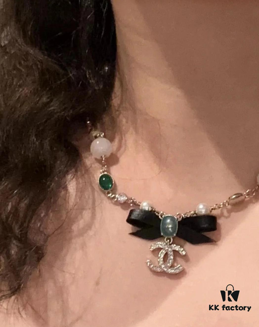 692ffdd999f2d84055c8e981 Xiaoxiang New Arrival Black Ribbon Bow with Green Pearl Pendant, Colorful Paved Diamond Necklace