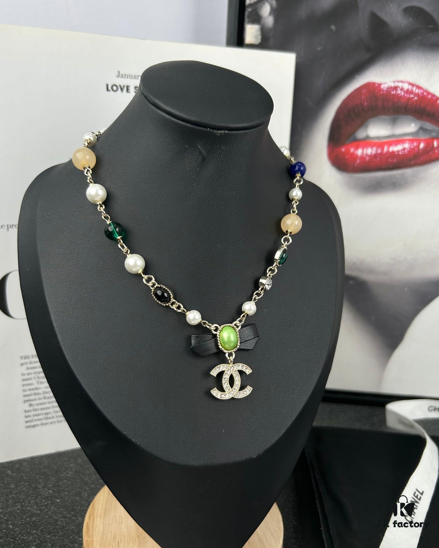 692ffddd99f2d84055c8e986 Xiaoxiang New Arrival Black Ribbon Bow with Green Pearl Pendant, Colorful Paved Diamond Necklace