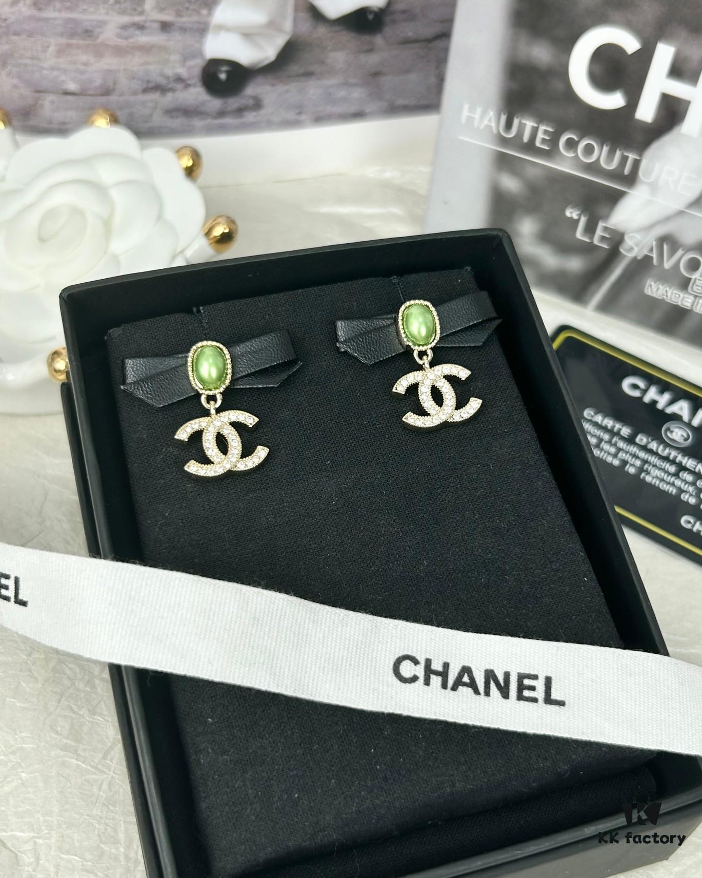 692ffdf799f2d84055c8e9a8 New Xiaoxiang Black Bow 🎀 Green Pearl Double C Diamond-Inlaid Earrings