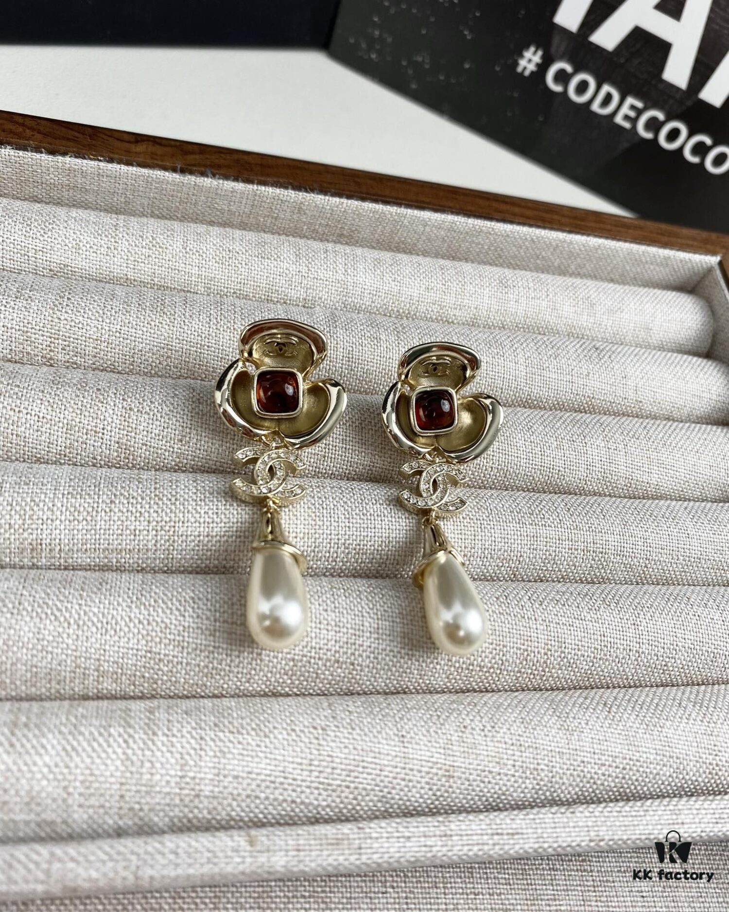 Chanel New Arrival Red Zircon-Inlaid Camellia Drop Earrings