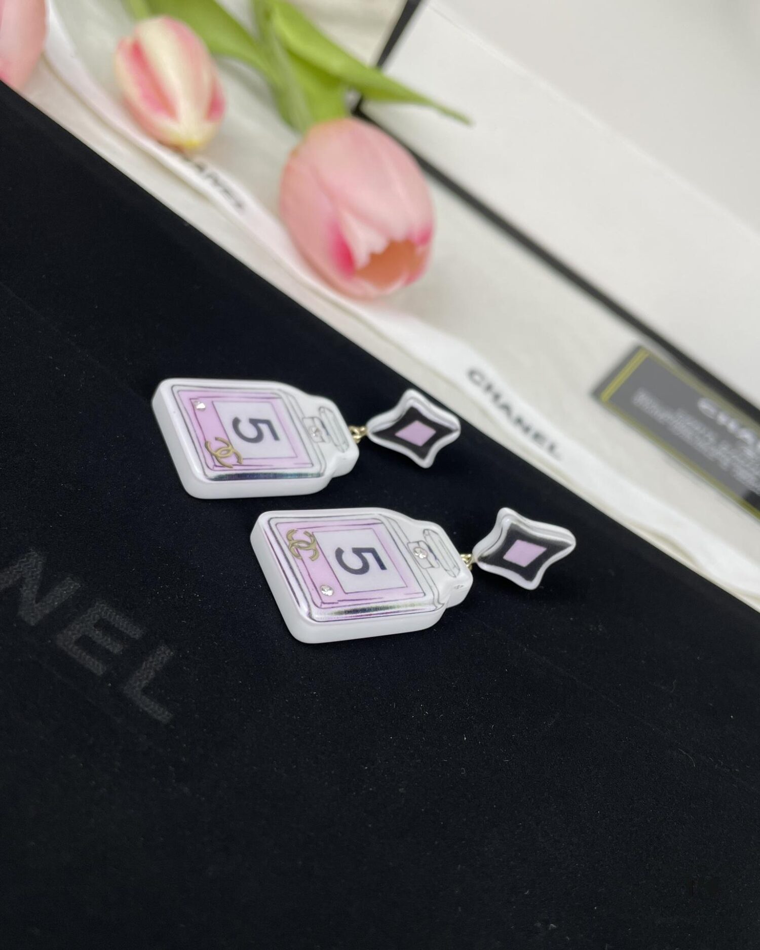 692fff2d99f2d84055c8eac8 CHANE New Rhombus Pendant Perfume Bottle Resin Acrylic Stud Earrings