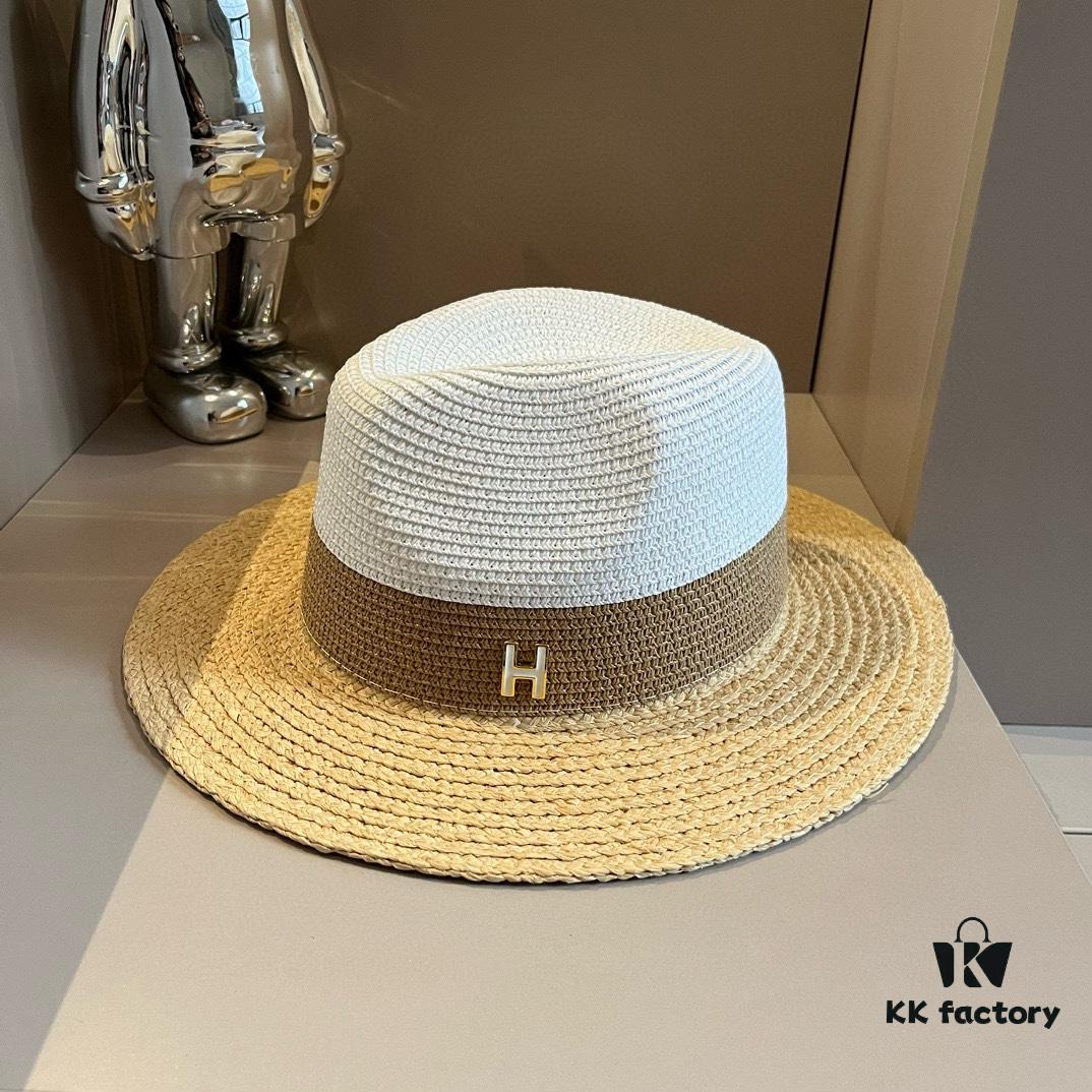 Hermes New Arrival Color-Block Straw Hat, Rafia Brim, 57cm Head Circumference