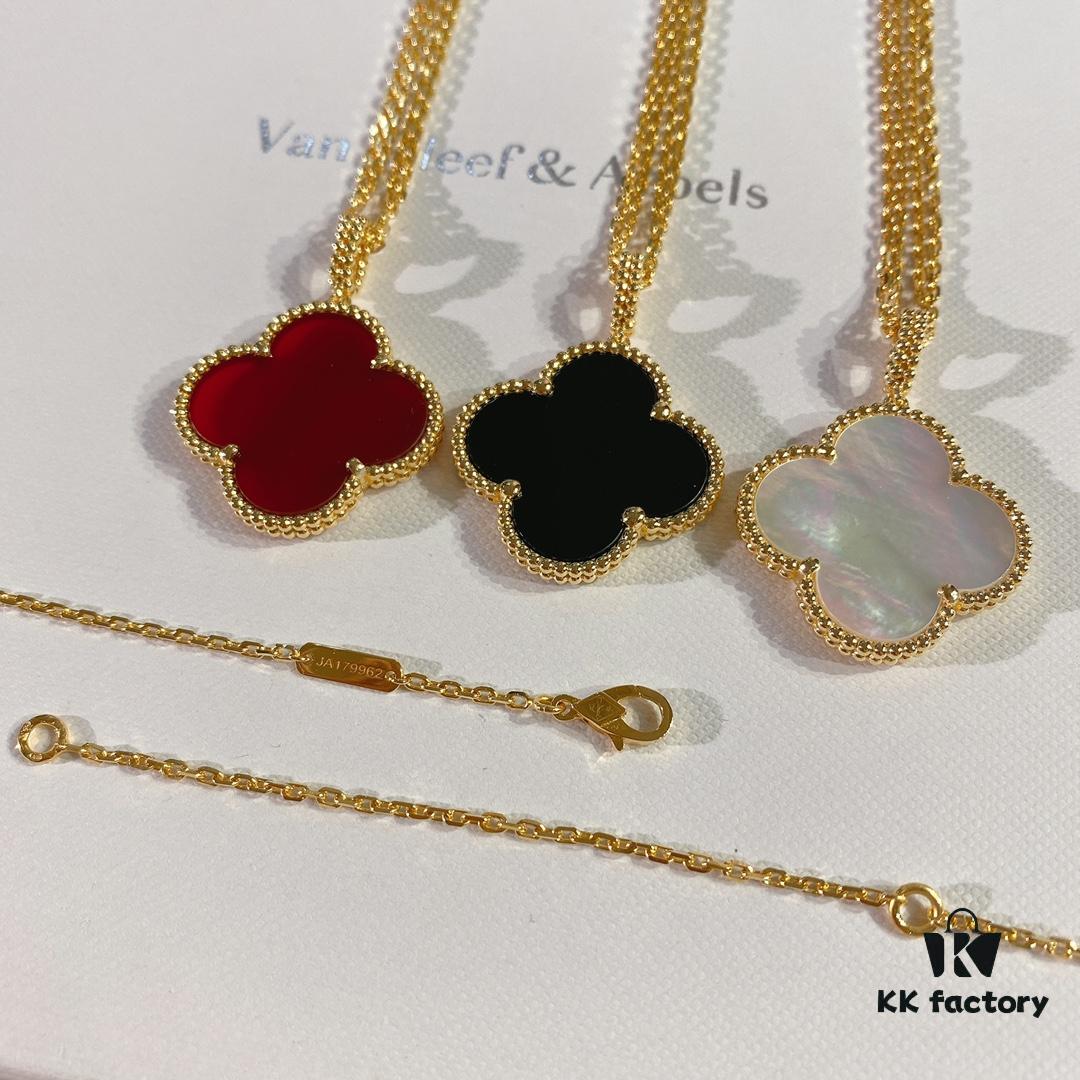 693002e412f62673a6faac73 VCA Van Cleef & Arpels Large Four-Leaf Clover Necklace, Sweater Chain – Four Colors Available: Natural Malachite, Red Carnelian, Black Onyx, and White Mother of Pearl