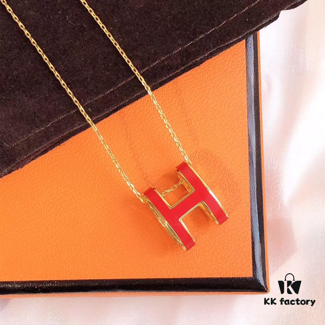 693002fd12f62673a6faac9c Hermès Enamel Curved H Necklace in Gold Tones