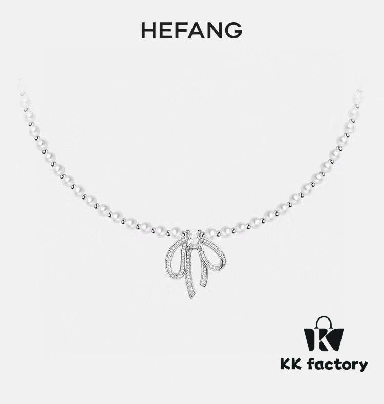 693004bd12f62673a6fab04a HeFang Jewelry Elizabeth Necklace - Bow Pendant Luxury Wedding Collar Chain, 42cm Adjustable
