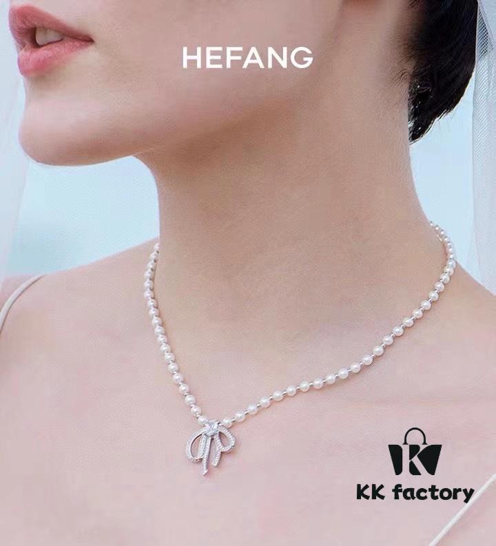 693004be12f62673a6fab04d HeFang Jewelry Elizabeth Necklace - Bow Pendant Luxury Wedding Collar Chain, 42cm Adjustable
