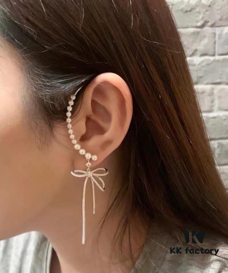 693004c712f62673a6fab06a HeFang Jewelry Pearl Bow Earrings, High-End Ear Clip Without Piercings, Reverse Hanging Design