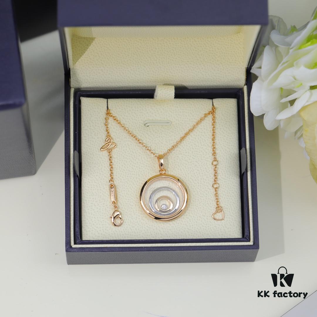 Chopard Necklace: Iconic Lucky Chopard with Moving Diamond, 18K Rose Gold Plated Adjustable Three-Ring Pendant