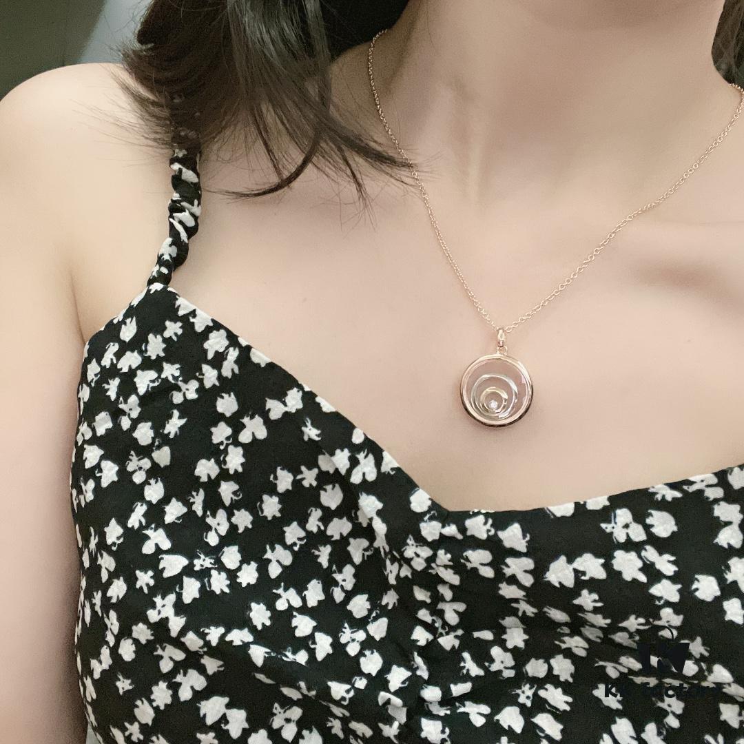Chopard Necklace: Iconic Lucky Chopard with Moving Diamond, 18K Rose Gold Plated Adjustable Three-Ring Pendant
