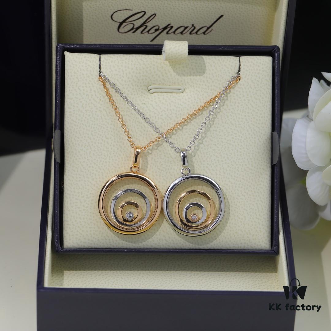 Chopard Necklace: Iconic Lucky Chopard with Moving Diamond, 18K Rose Gold Plated Adjustable Three-Ring Pendant