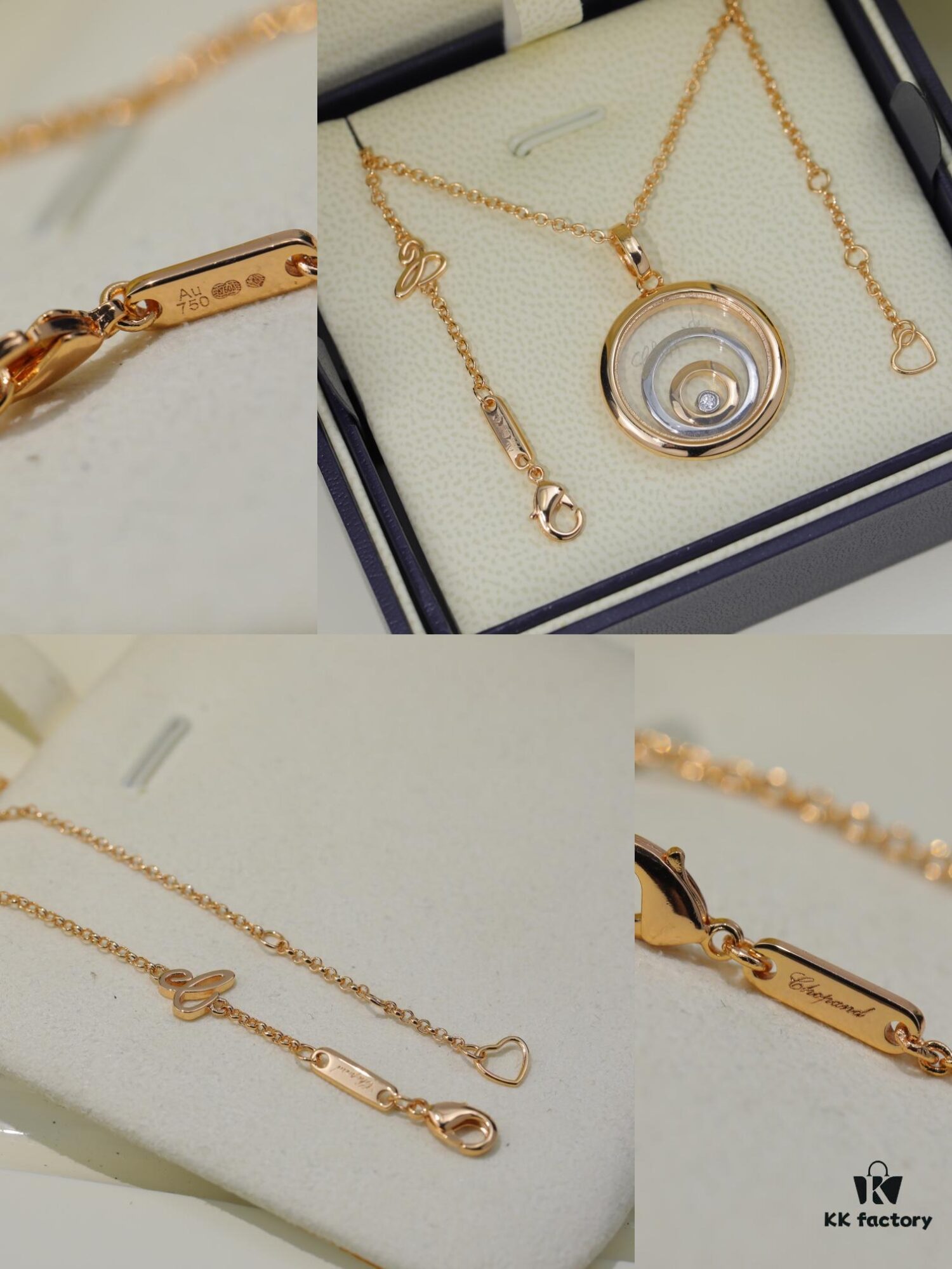 Chopard Necklace: Iconic Lucky Chopard with Moving Diamond, 18K Rose Gold Plated Adjustable Three-Ring Pendant