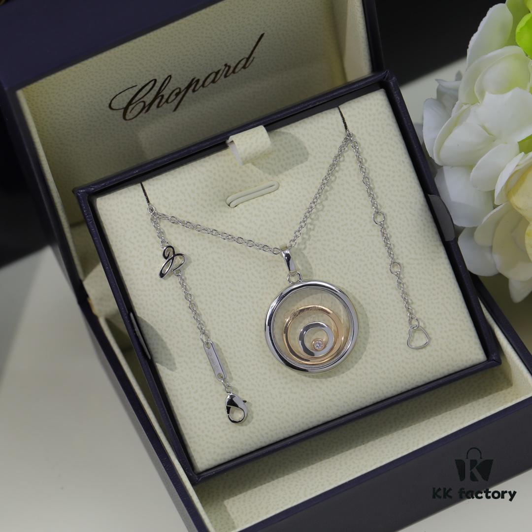 Chopard Necklace: Iconic Lucky Chopard with Moving Diamond, 18K Rose Gold Plated Adjustable Three-Ring Pendant