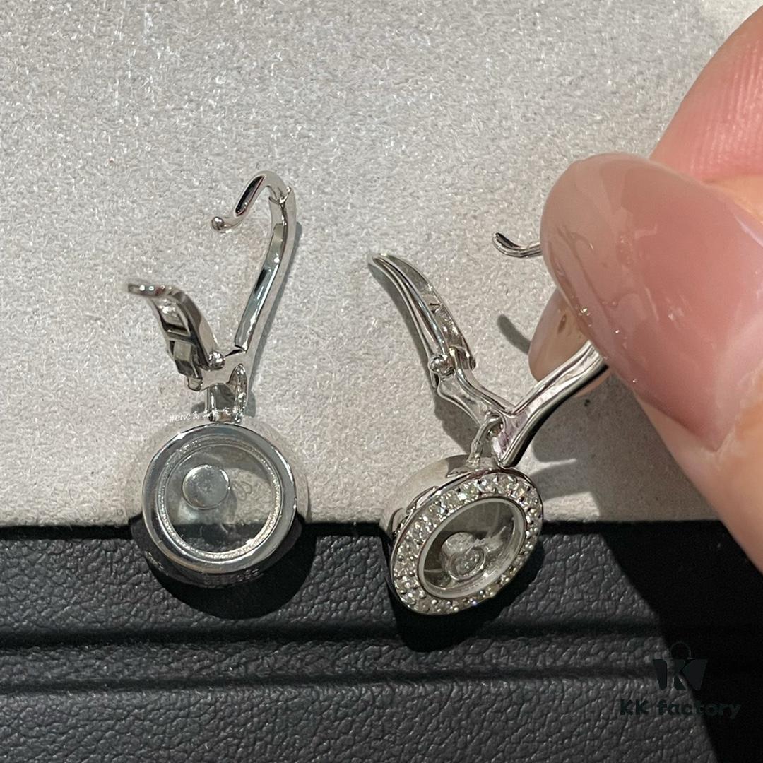 Chopard Happy Diamonds Collection, Full Diamond Round Earrings with Moving Diamond Inside the Glass Dial