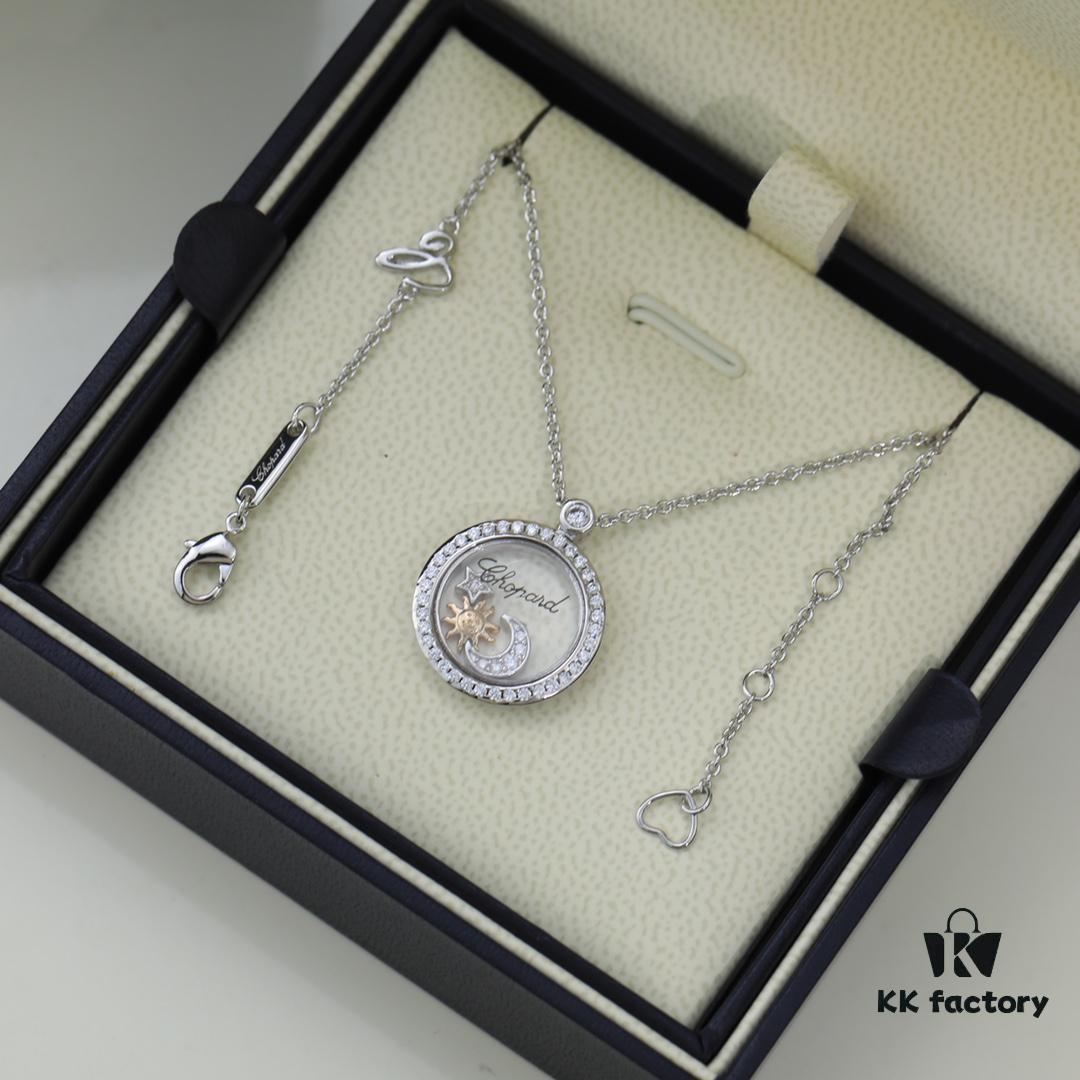 6930077f12f62673a6fab44e Chopard High-Version CNC Craft Necklace with Sun, Moon and Stars, 18K Rose Gold Original Logo, Adjustable Length, Featuring Brand's Iconic Moving Diamond Inside Glass