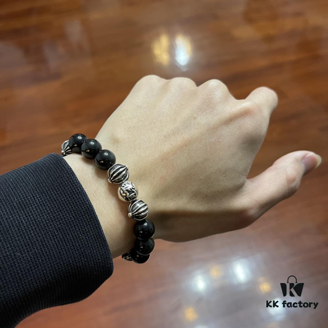 693007bd12f62673a6fab4ad Chrome Hearts Obsidian Bracelet Full Bead Cross Design