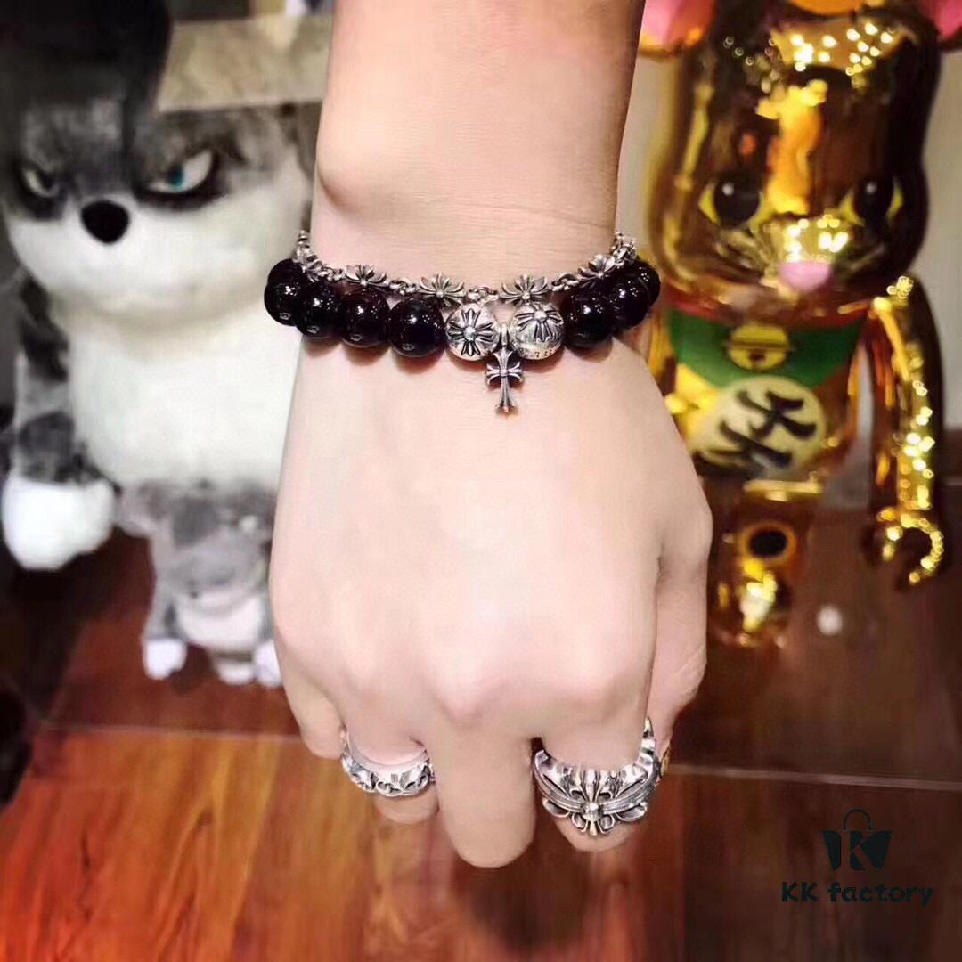 693007c612f62673a6fab4b8 Chrome Hearts Obsidian Bracelet with Cross and Ball Detail