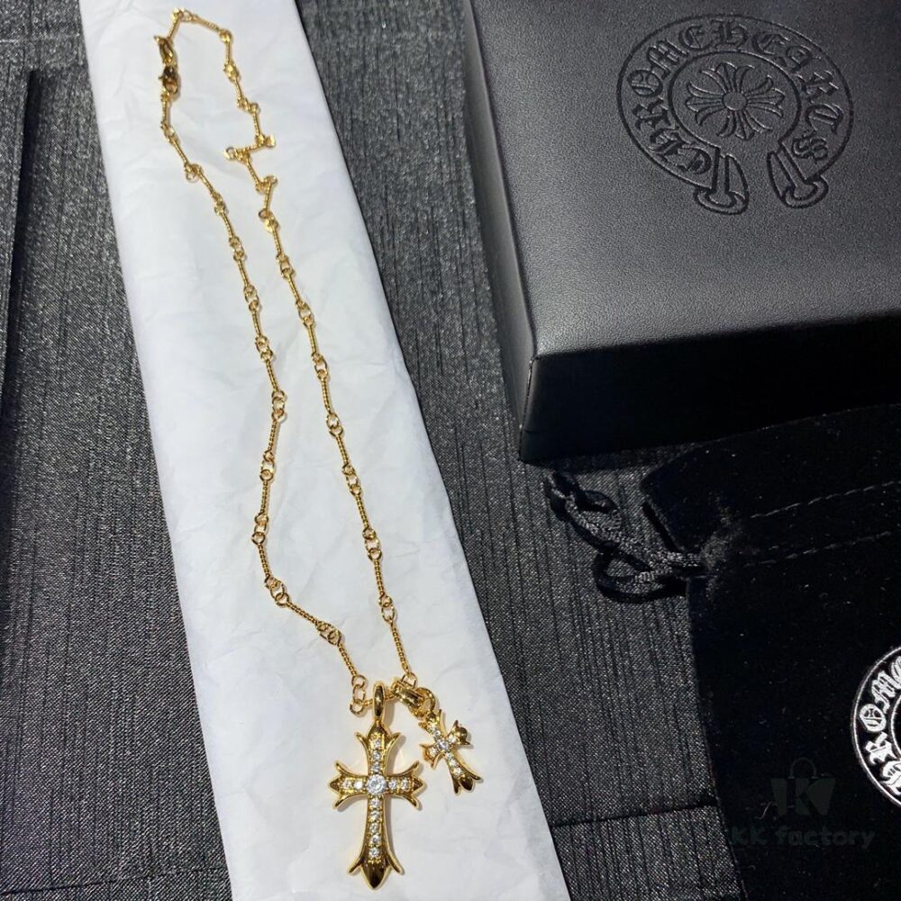 693007f212f62673a6fab4fb Kuroshin Trendy Essential Item: Double Cross Gold Necklace with Diamond and Polished Surfaces, Reversible and Detachable Design
