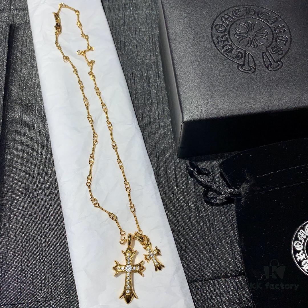 693007f212f62673a6fab4fb Kuroshin Trendy Essential Item: Double Cross Gold Necklace with Diamond and Polished Surfaces, Reversible and Detachable Design