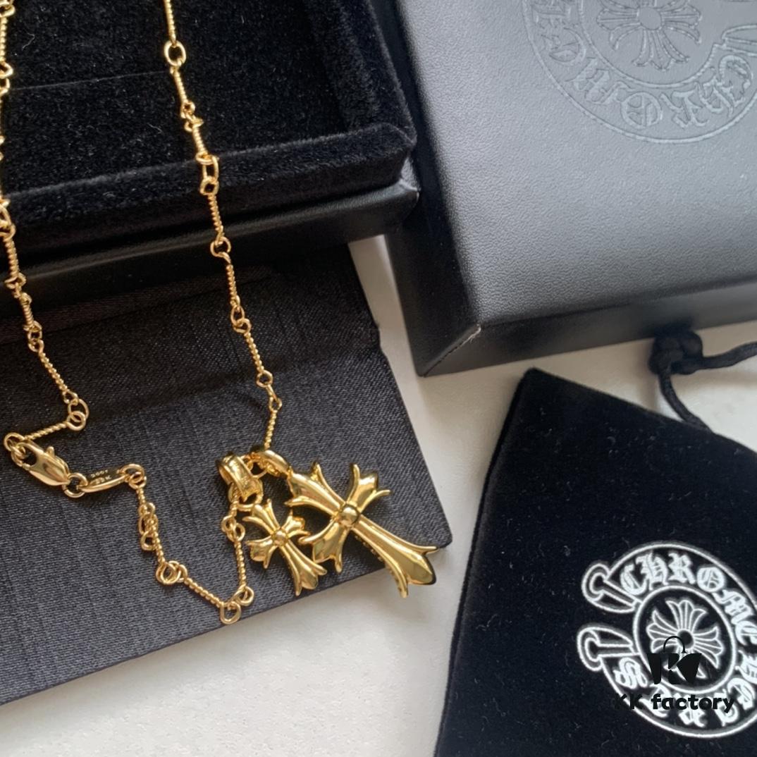 693007f412f62673a6fab4fd Kuroshin Trendy Essential Item: Double Cross Gold Necklace with Diamond and Polished Surfaces, Reversible and Detachable Design