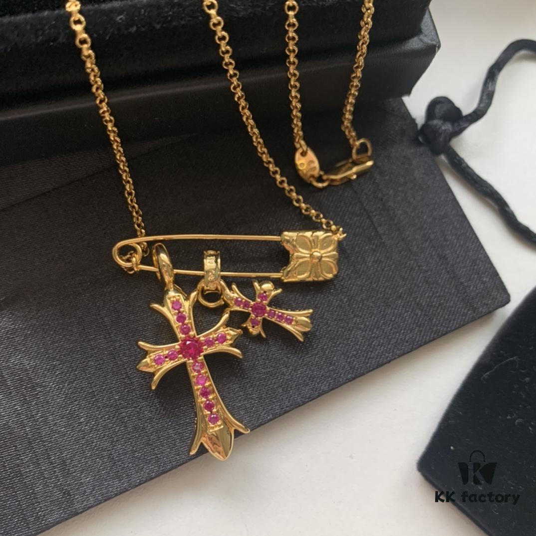 693007f912f62673a6fab504 Kuroki Must-Have for Streetwear Enthusiasts: Colorful Diamond-Paved Brooch Cross Necklace, Pink Diamond Front and Smooth Back, Reversible and Detachable Design