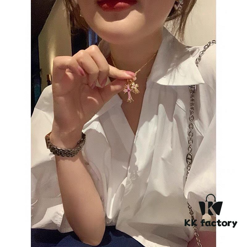 693007fb12f62673a6fab507 Kuroki Must-Have for Streetwear Enthusiasts: Colorful Diamond-Paved Brooch Cross Necklace, Pink Diamond Front and Smooth Back, Reversible and Detachable Design