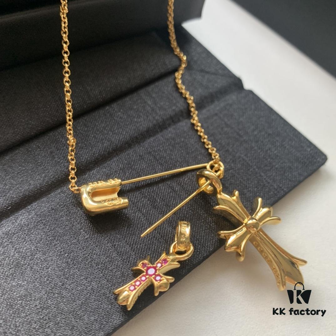 693007fb12f62673a6fab509 Kuroki Must-Have for Streetwear Enthusiasts: Colorful Diamond-Paved Brooch Cross Necklace, Pink Diamond Front and Smooth Back, Reversible and Detachable Design