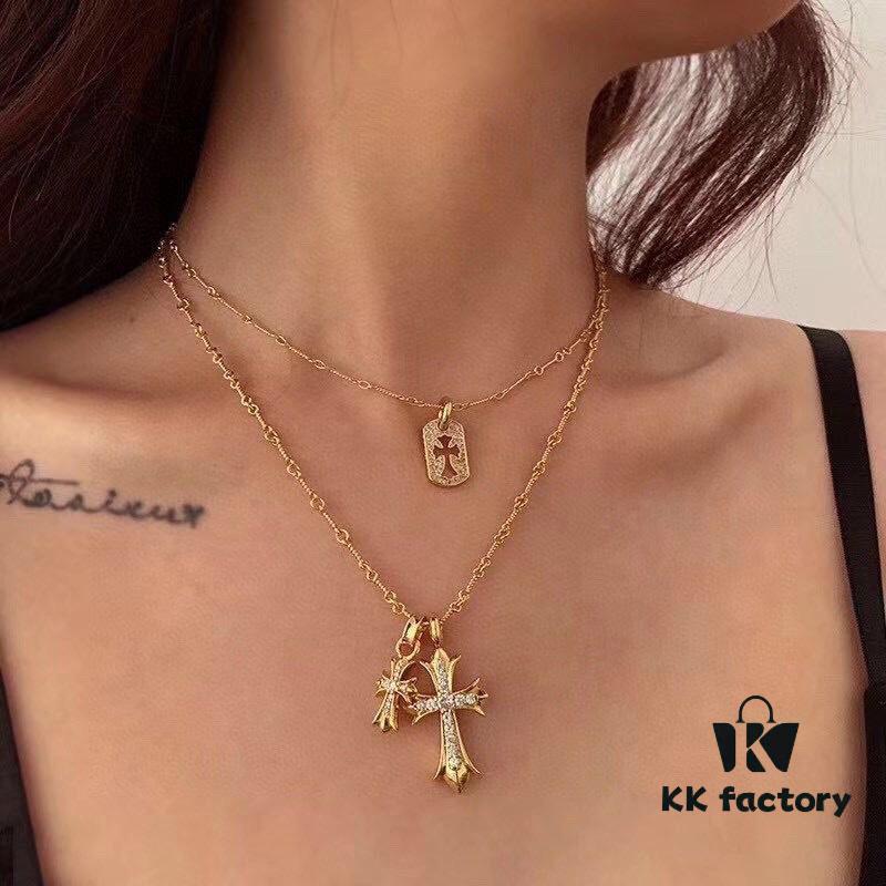 693007fc12f62673a6fab50a Kuroshin Trendy Essential Item: Double Cross Gold Necklace with Diamond and Polished Surfaces, Reversible and Detachable Design
