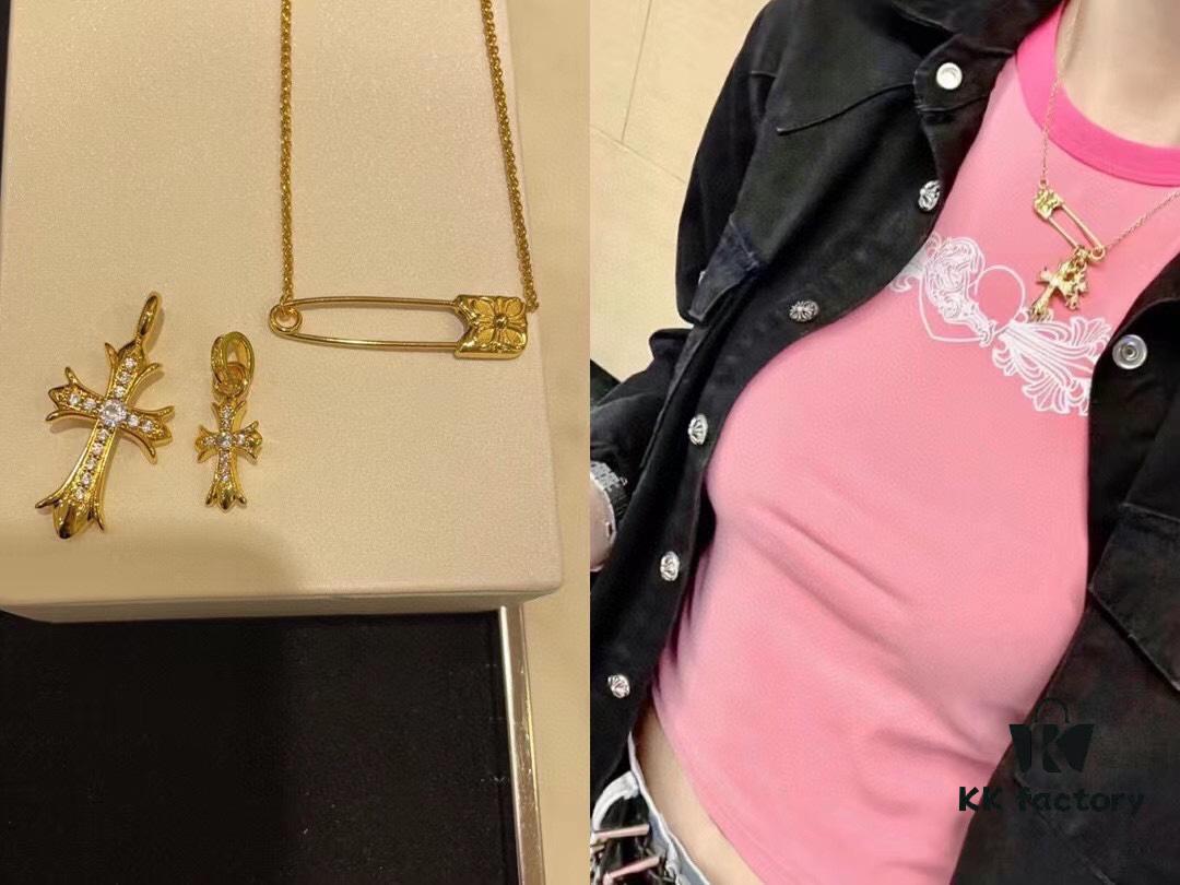 6930080512f62673a6fab516 Kuroki Must-Have for Streetwear Enthusiasts: Colorful Diamond-Paved Brooch Cross Necklace, Pink Diamond Front and Smooth Back, Reversible and Detachable Design