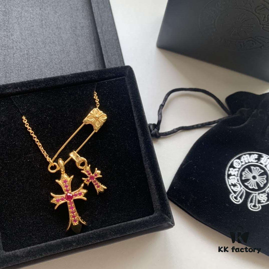6930081712f62673a6fab53e Kuroki Must-Have for Streetwear Enthusiasts: Colorful Diamond-Paved Brooch Cross Necklace, Pink Diamond Front and Smooth Back, Reversible and Detachable Design