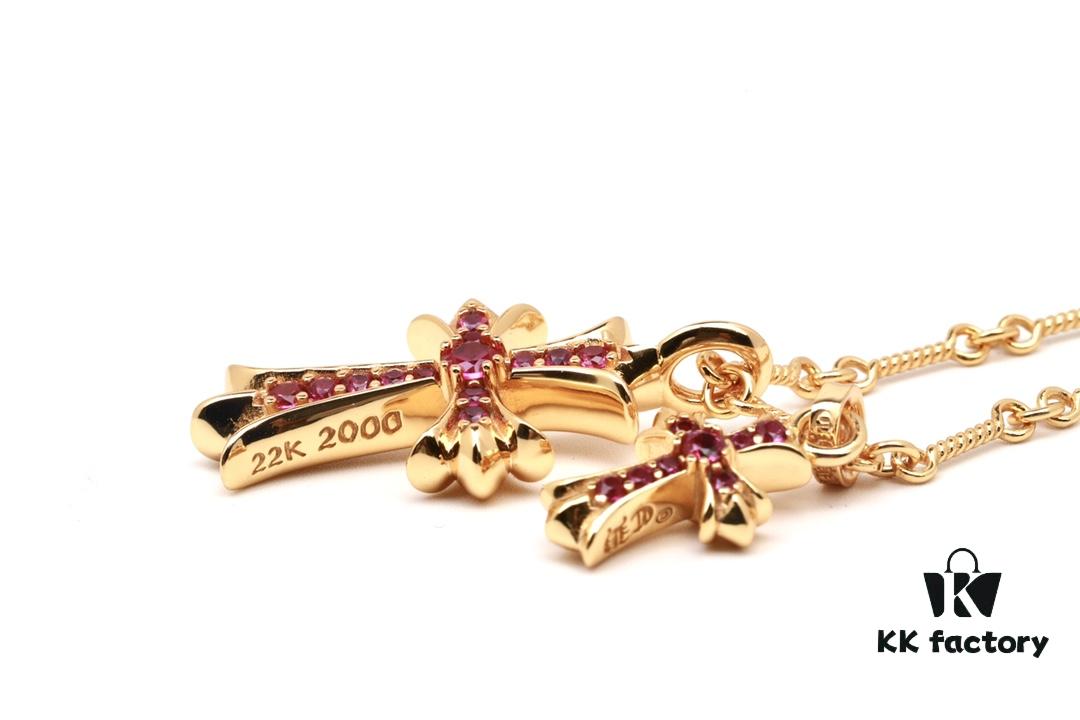 6930082412f62673a6fab553 Chrome Hearts 22K Gold Plated Red Diamond Double Cross Necklace
