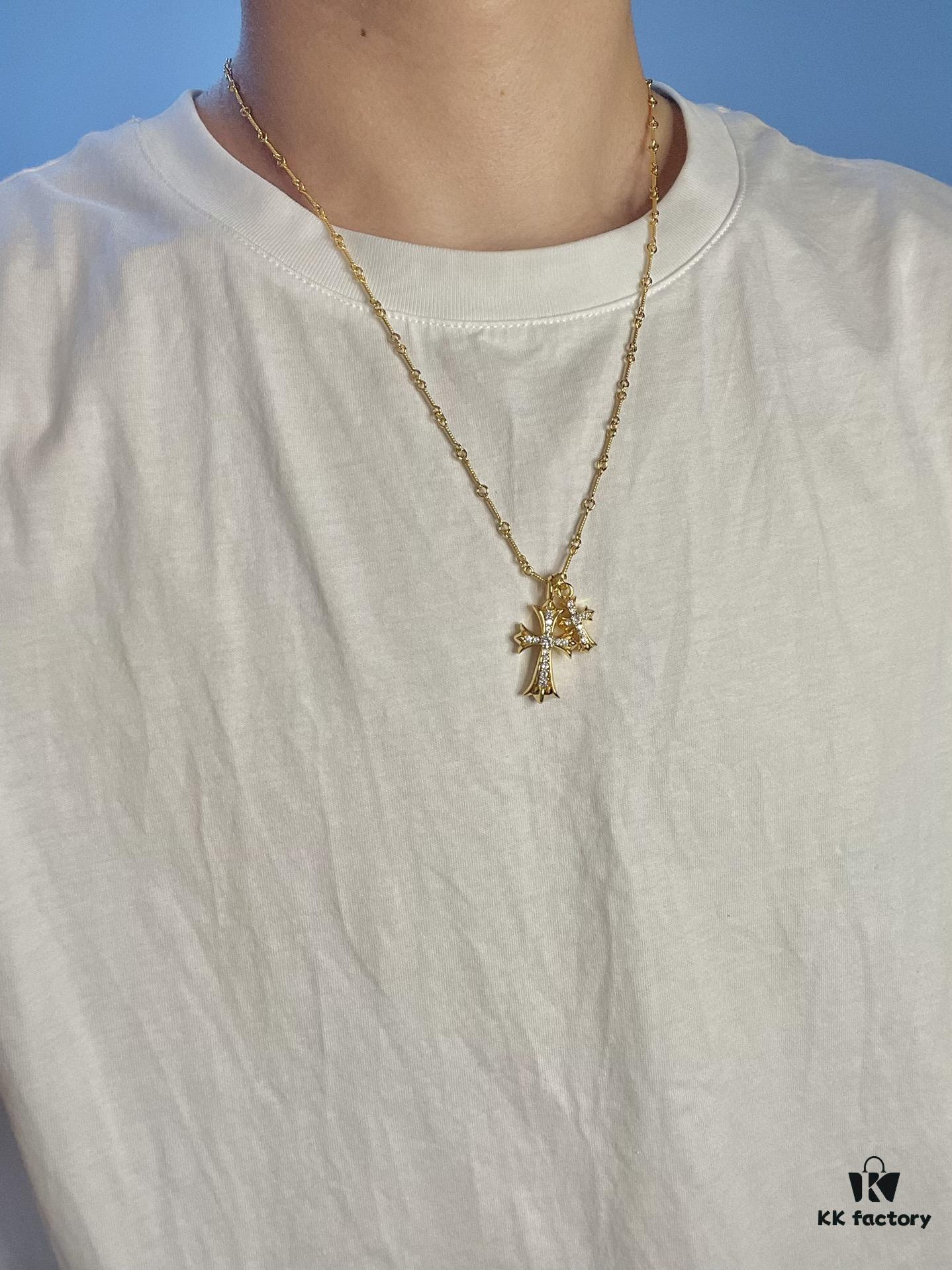 6930082612f62673a6fab554 Chrome Hearts 22K Gold-Plated Double Cross Necklace