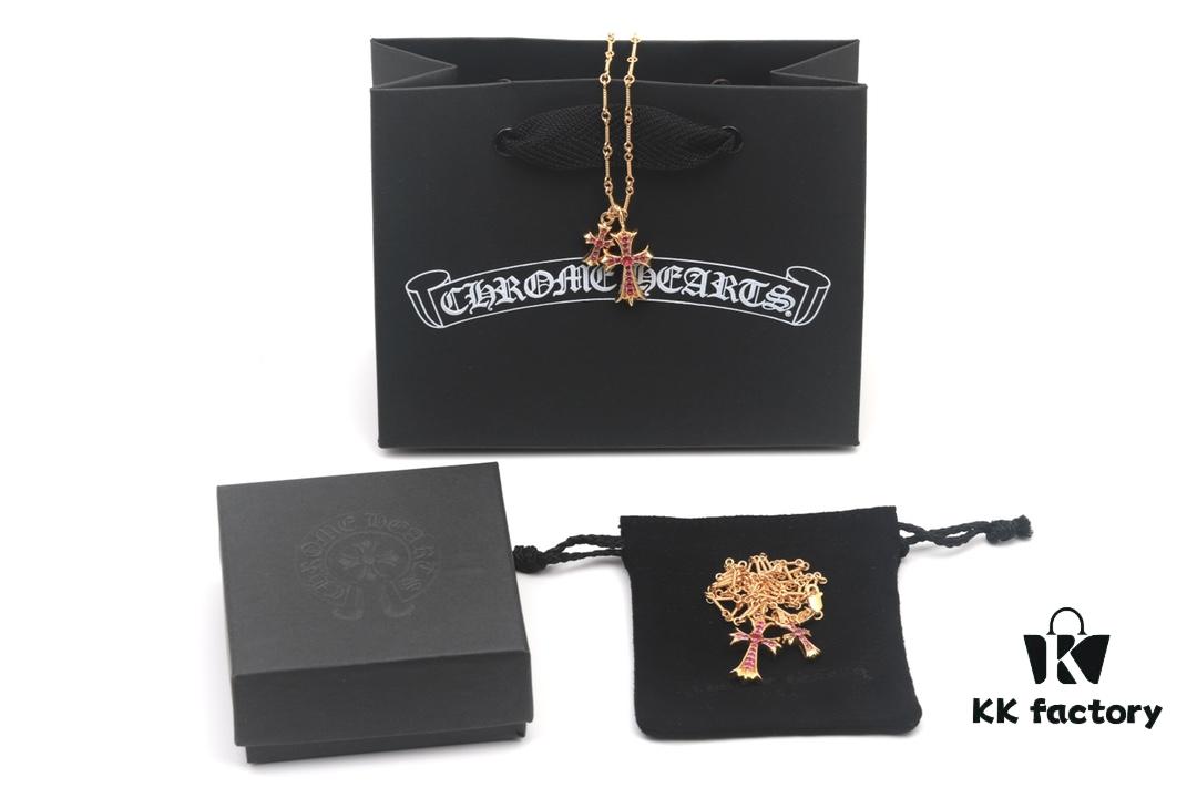 6930082712f62673a6fab556 Chrome Hearts 22K Gold Plated Red Diamond Double Cross Necklace