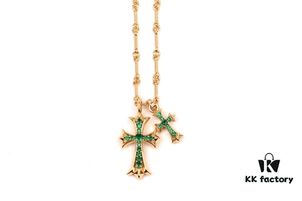 6930082812f62673a6fab559 Chrome Hearts 22K Gold-Plated Green Diamond Double Cross Necklace