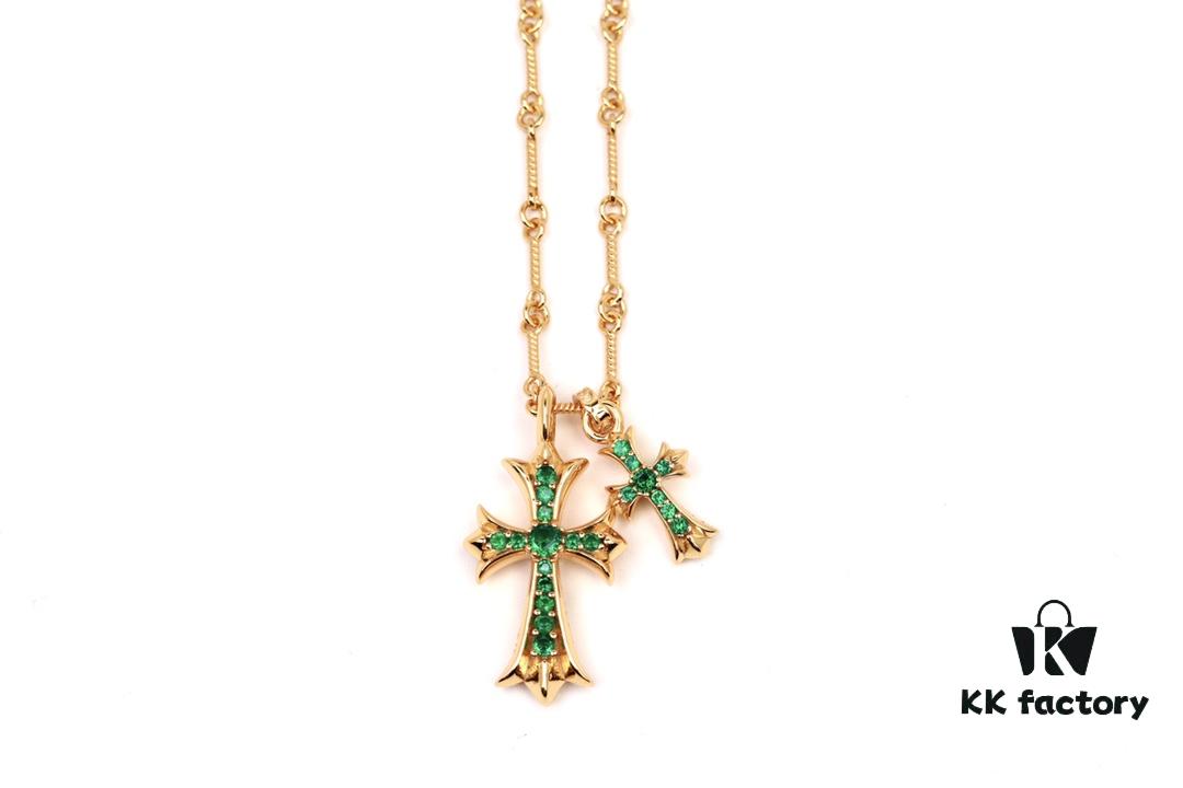 Chrome Hearts 22K Gold-Plated Green Diamond Double Cross Necklace