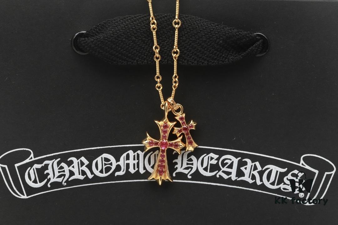 6930082912f62673a6fab55b Chrome Hearts 22K Gold Plated Red Diamond Double Cross Necklace