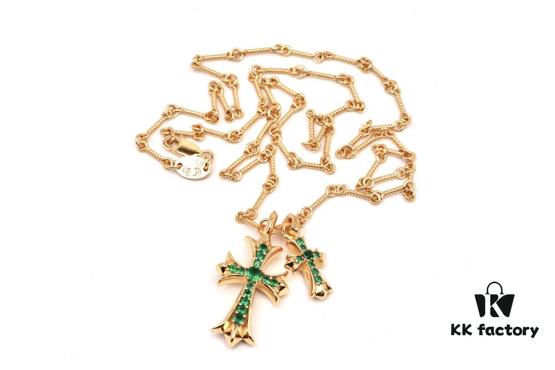 Chrome Hearts 22K Gold-Plated Green Diamond Double Cross Necklace